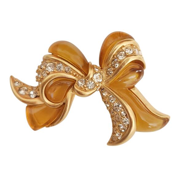 vtg NINA RICCI rhinestone crystal bow golden gold statement brooch pin signed - Picture 1 of 3